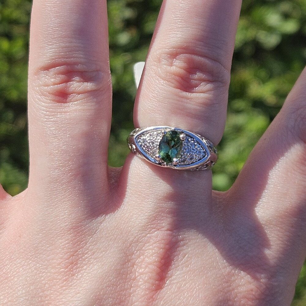 14KT White Gold Diamond Green Tourmaline Evil Eye Filigree Ring Band Size 7.75